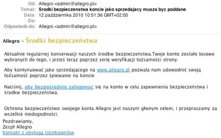 Rys. 1. Phishingowa wiadomość e-mail skierowana przeciwko użytkownikom portalu aukcyjnego Allegro.pl