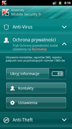 Okno programu Kaspersky Mobile Security w systemach Android