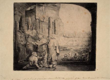 Haermensz van Rijn Rembrandt, Święty Jan i Piotr uzdrawiający kalekę, 1659, akwaforta