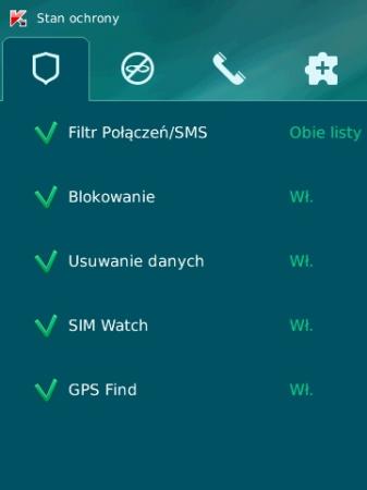 Okno programu Kaspersky Mobile Security w systemach BlackBerry