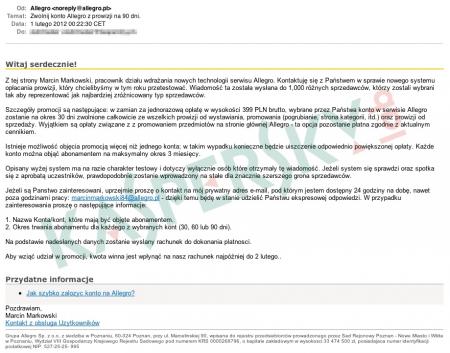 Wiadomość phishingowa wysyłana do użytkowników portalu Allegro (źródło: Kaspersky Lab Polska)