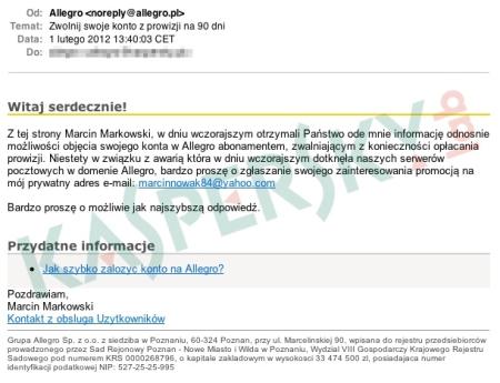 Druga wiadomość phishingowa wysyłana do użytkowników portalu Allegro (źródło: Kaspersky Lab Polska)
