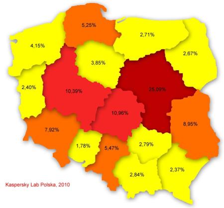 Rys. 2. Poziom infekcji w poszczególnych województwach, lipiec 2010