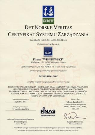 Certyfikat Systemu Zarządzania Bezpieczeństwem i Higieną Pracy Fot. Firma WIŚNIOWSKI