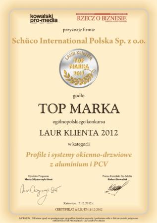 Laur Klienta TOP MARKA 2012 w kategorii Profile i systemy okienno-drzwiowe  z aluminium i PCV
