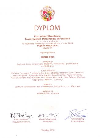 Dyplom Grand Prix konkursu "Piękny Wrocław 2009"