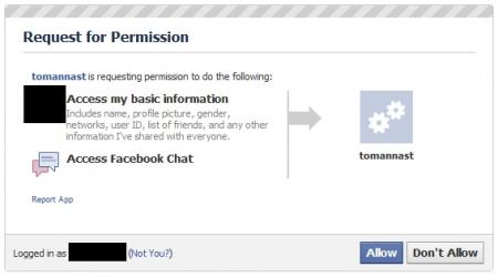 Okno szkodliwej aplikacji żądające dostępu do profilu użytkownika na Facebooku