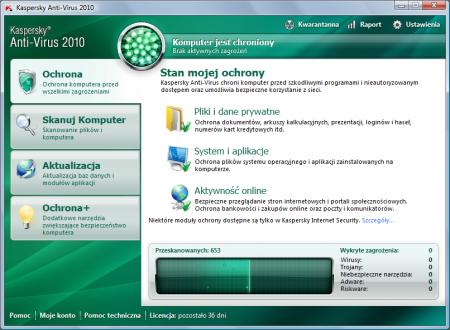 Okno programu Kaspersky Anti-Virus 2010