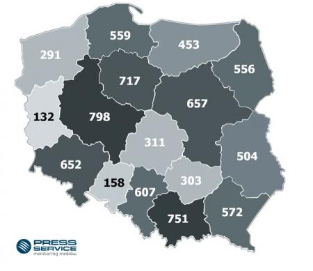 Wykres 1.  Liczba publikacji regionalnych na temat banków spółdzielczych w każdym z województw w okr