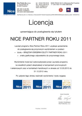 licencja Złoty Partner Roku NICE 2011