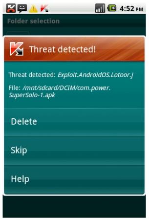 Okno programu Kaspersky Mobile Security dla systemu Android informujące o wykrytym zagrożeniu