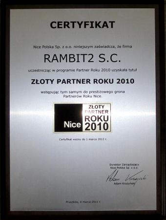 Certyfikat dla Rambit Nice Złoty Partner 2010