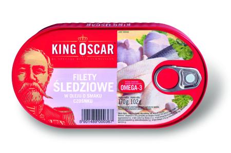 Filety śledziowe w oleju o smaku czosnku - Czerwone, 170 g opakowanie z wizerunkiem króla Oscara II