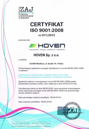 Certyfikat ISO 9001:2008dla firmy Hoven Fot. Hoven