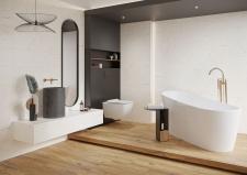 Biała łazienka z drewnem według Opoczno