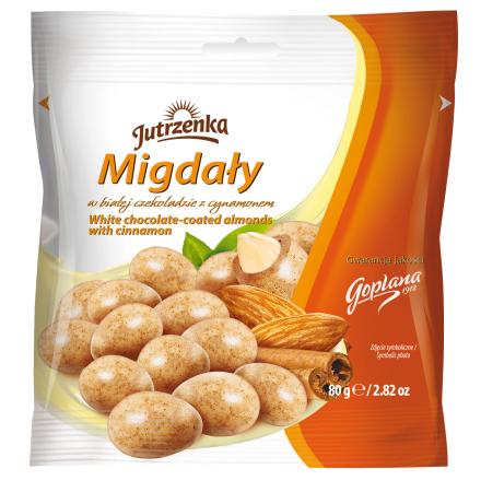 Migdały w białej czekoladzie z cynamonem Jutrzenka, 80 g, sugerowana cena detaliczna: 6,50 zł